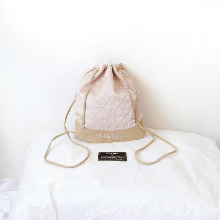 Chanel vintage pink silk drawstring backpack