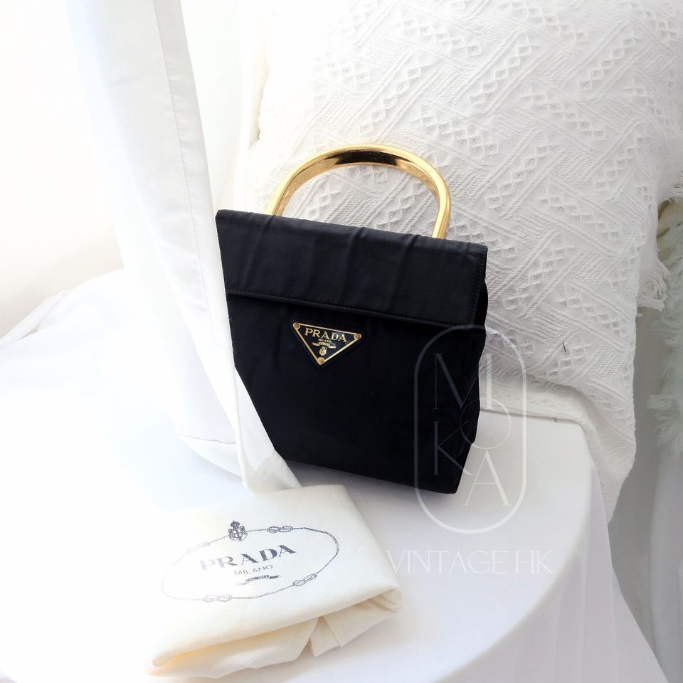 Prada vintage dark blue nylon kelly bag with gold handle