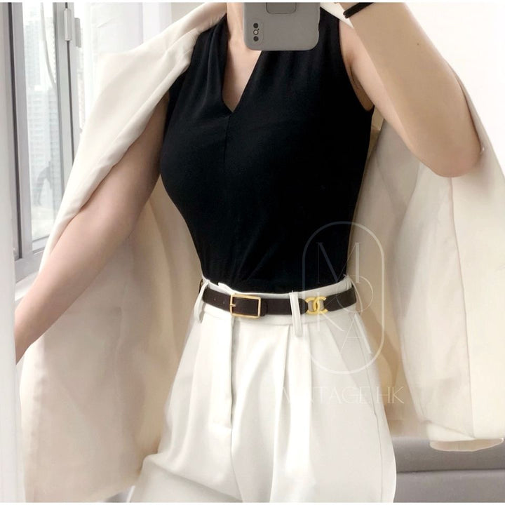 Chanel vintage double logo leather belt brown