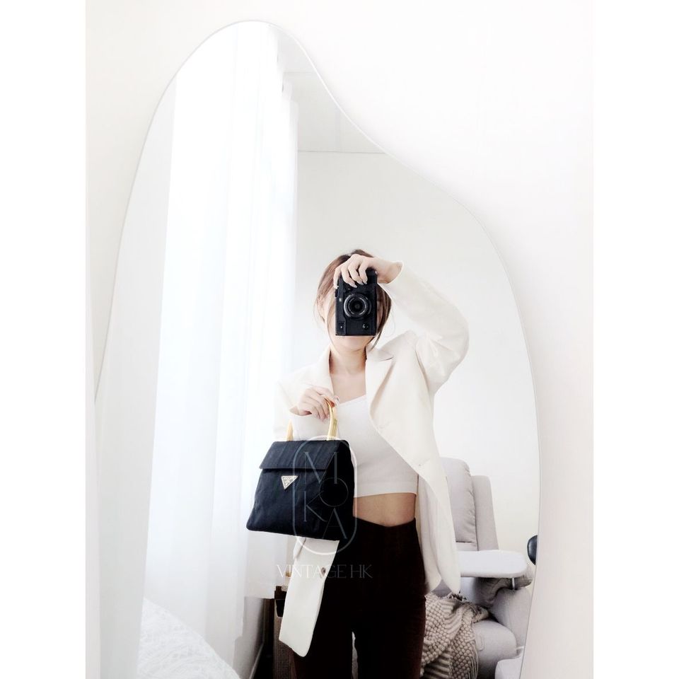 Prada vintage dark blue nylon kelly bag with gold handle