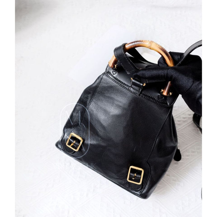 Gucci black vintage mini leather bamboo backpack