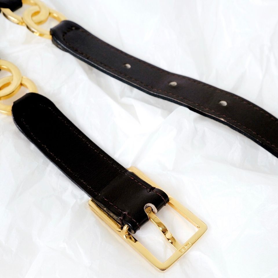 Chanel vintage double logo leather belt brown