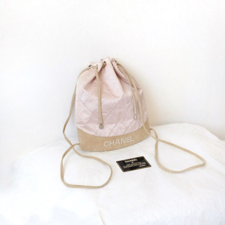 Chanel vintage pink silk drawstring backpack