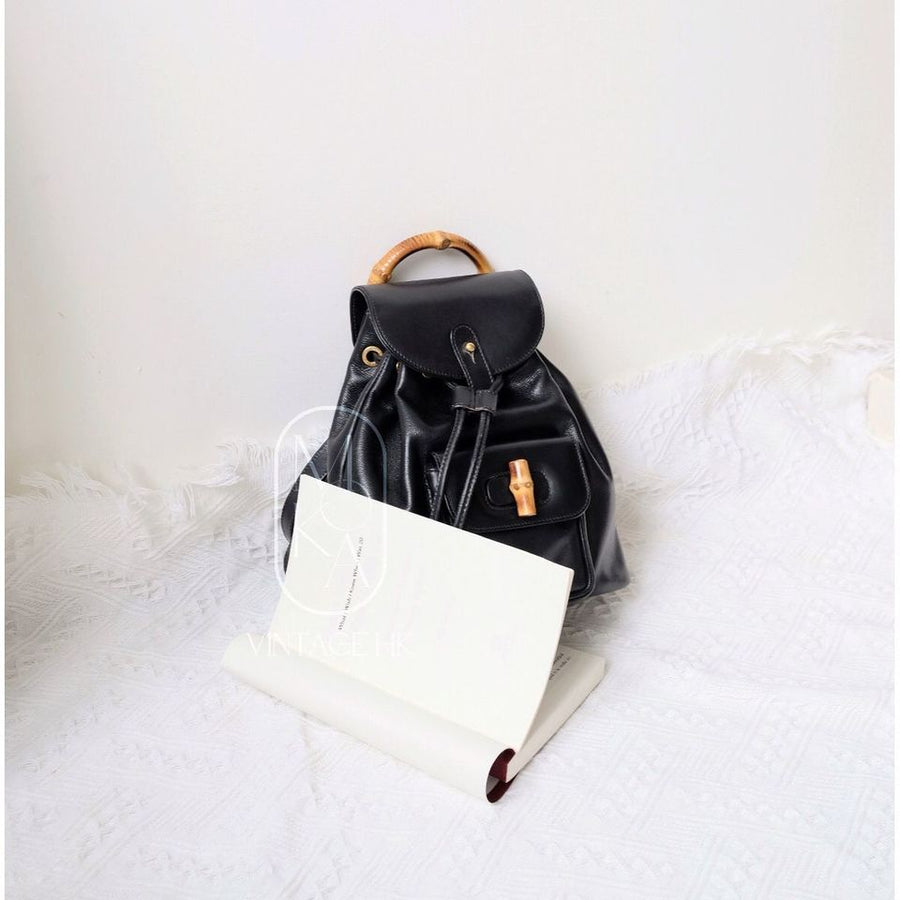 Gucci black vintage mini leather bamboo backpack