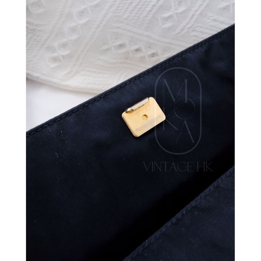 Prada vintage dark blue nylon kelly bag with gold handle