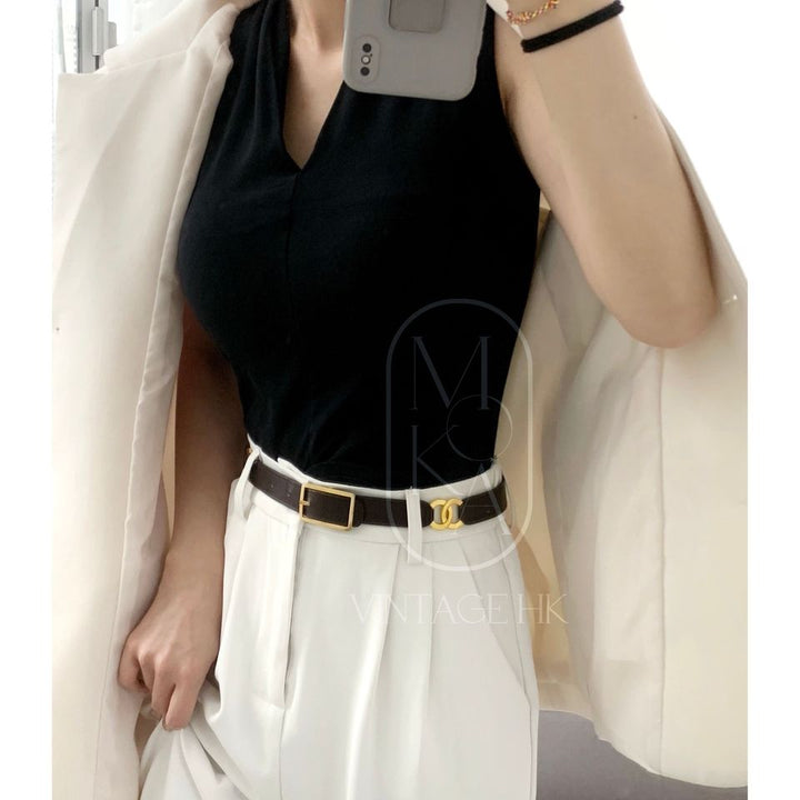 Chanel vintage double logo leather belt brown