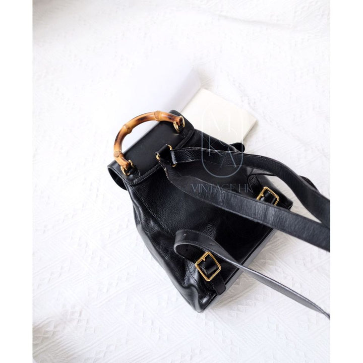 Gucci black vintage mini leather bamboo backpack