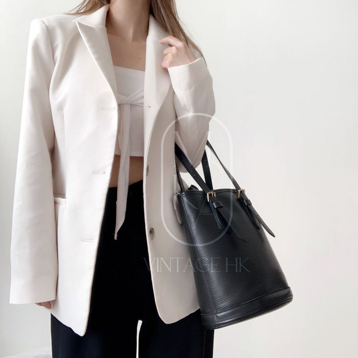 Louis Vuitton black epi leather petit bucket with pouch