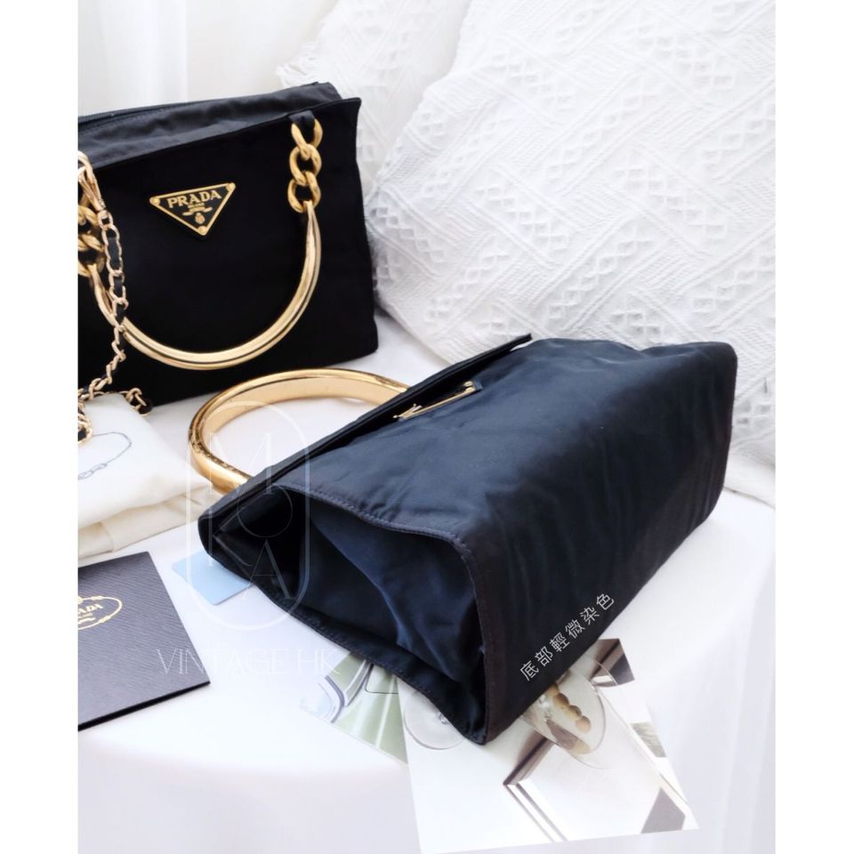 Prada vintage dark blue nylon kelly bag with gold handle