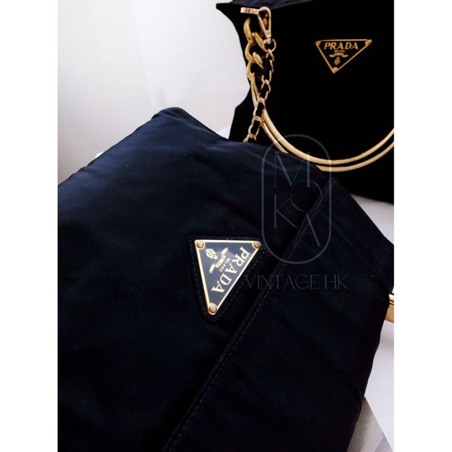 Prada vintage dark blue nylon kelly bag with gold handle