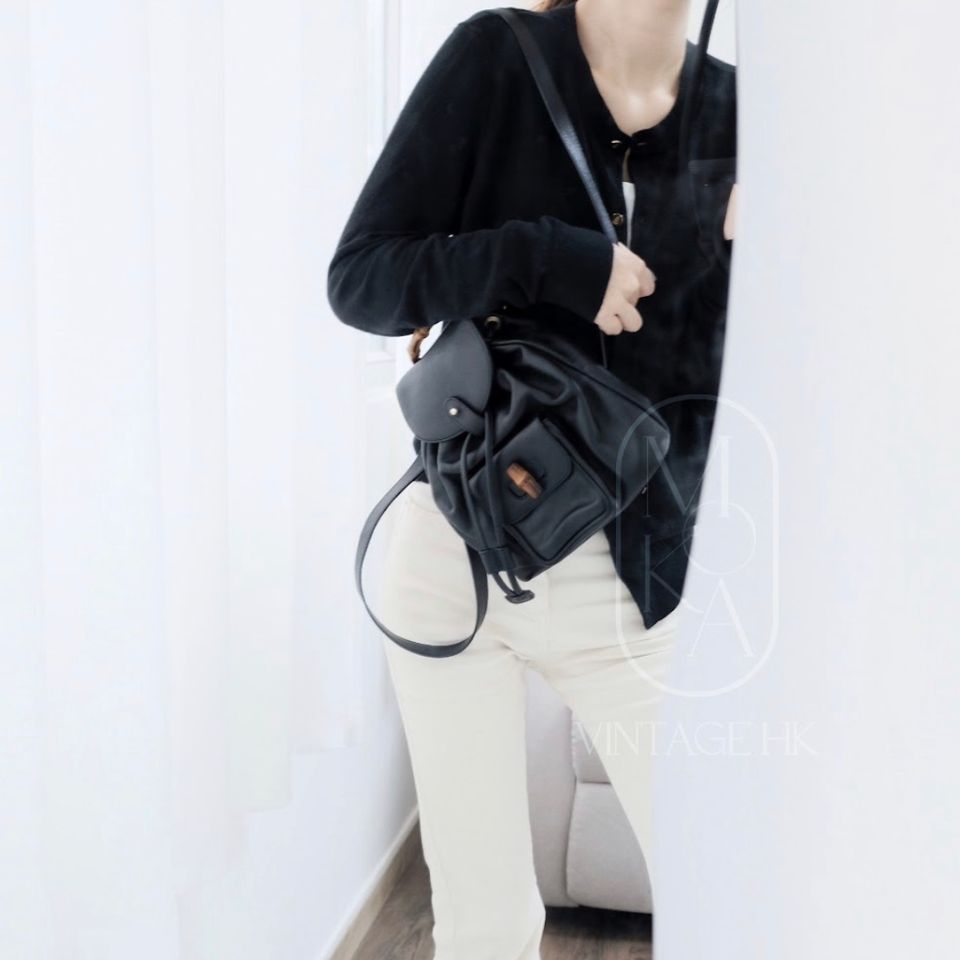 Gucci black vintage mini leather bamboo backpack