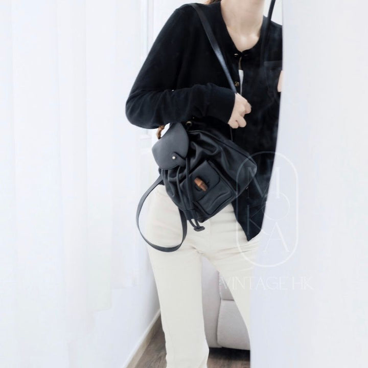 Gucci black vintage mini leather bamboo backpack