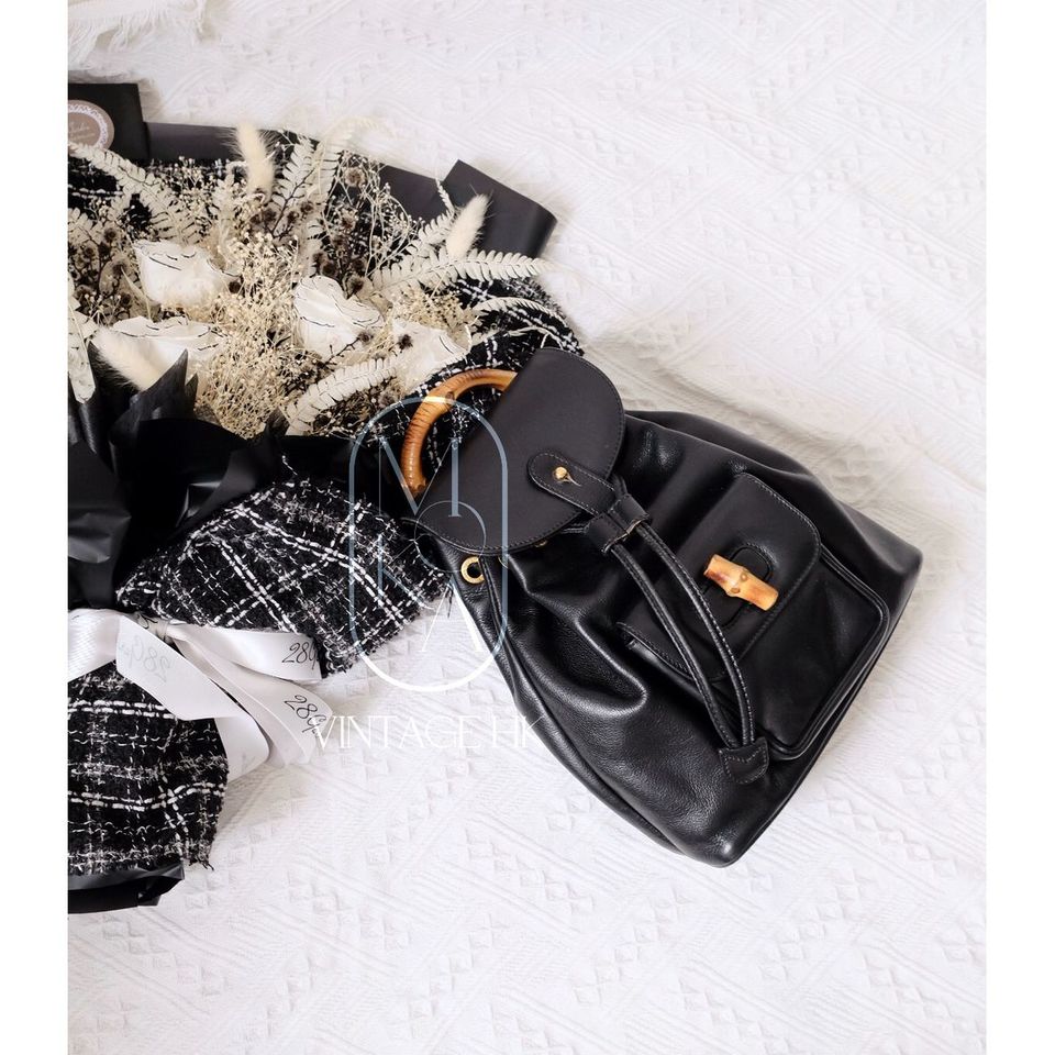 Gucci black vintage mini leather bamboo backpack