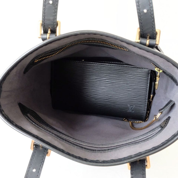 Louis Vuitton black epi leather petit bucket with pouch