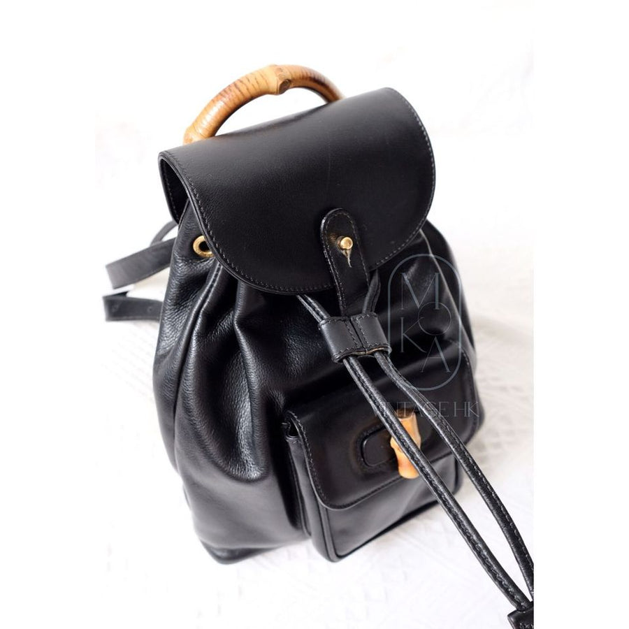 Gucci black vintage mini leather bamboo backpack