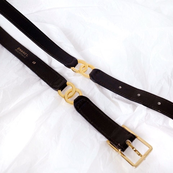 Chanel vintage double logo leather belt brown