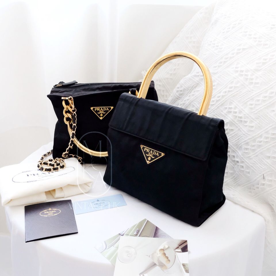 Prada vintage dark blue nylon kelly bag with gold handle