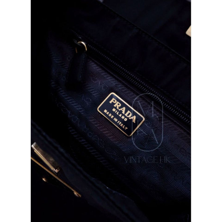 Prada vintage dark blue nylon kelly bag with gold handle