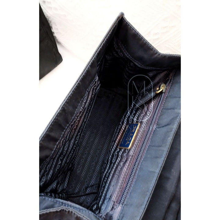 Prada vintage dark blue nylon kelly bag with gold handle