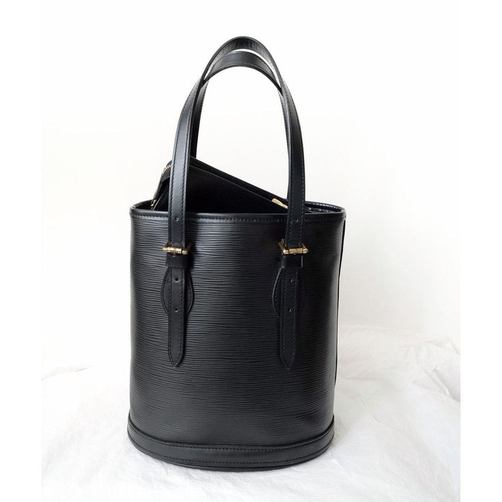 Louis Vuitton black epi leather petit bucket with pouch