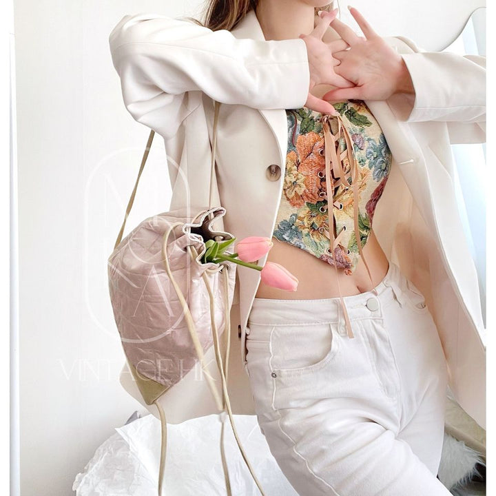 Chanel vintage pink silk drawstring backpack