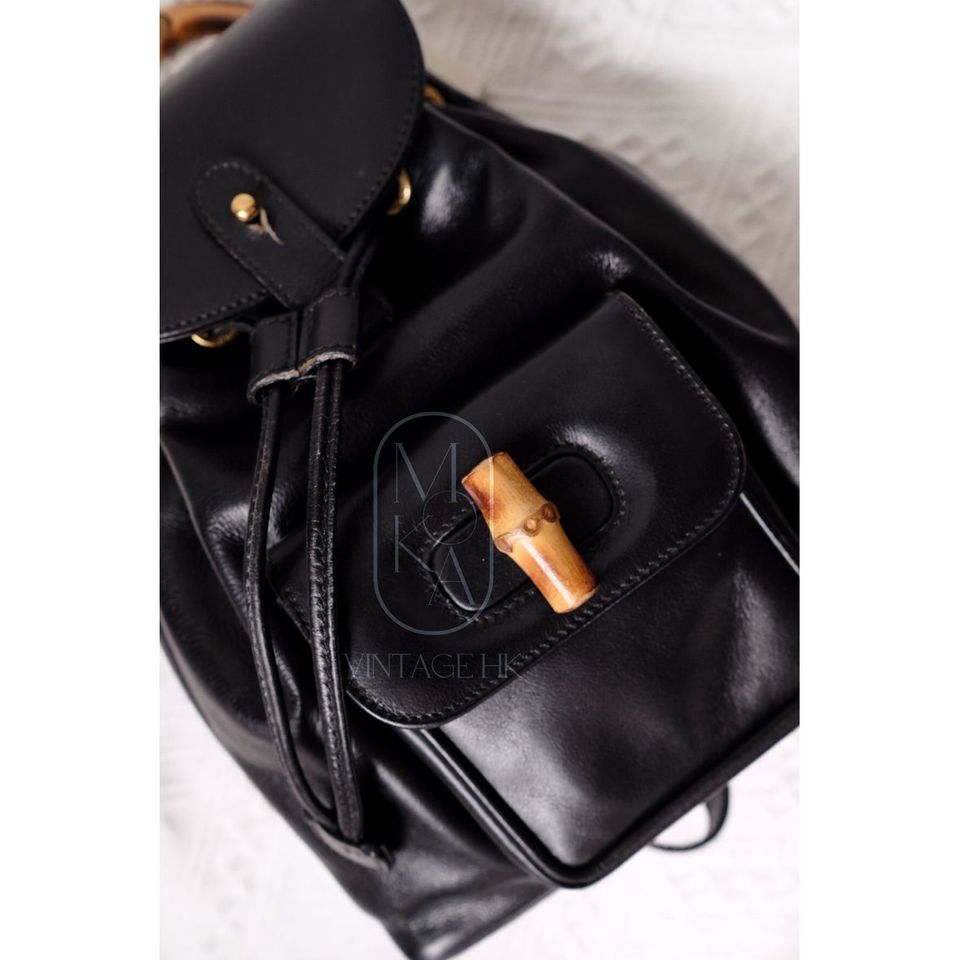Gucci black vintage mini leather bamboo backpack