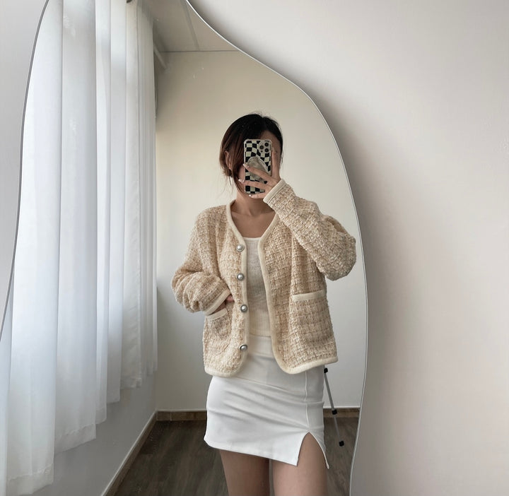 小香風珍珠紐外套/兩色入/Free size