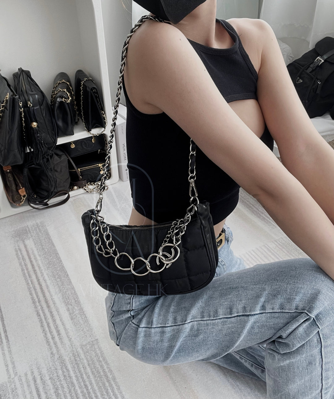 Chanel black chocolate bar nylon pochette