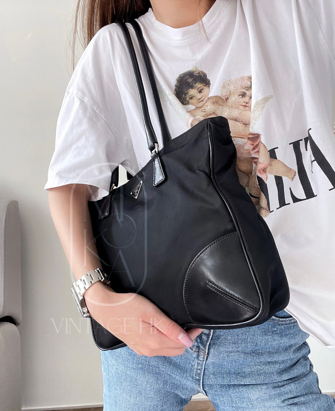 Prada vintage nylon and leather tote bag