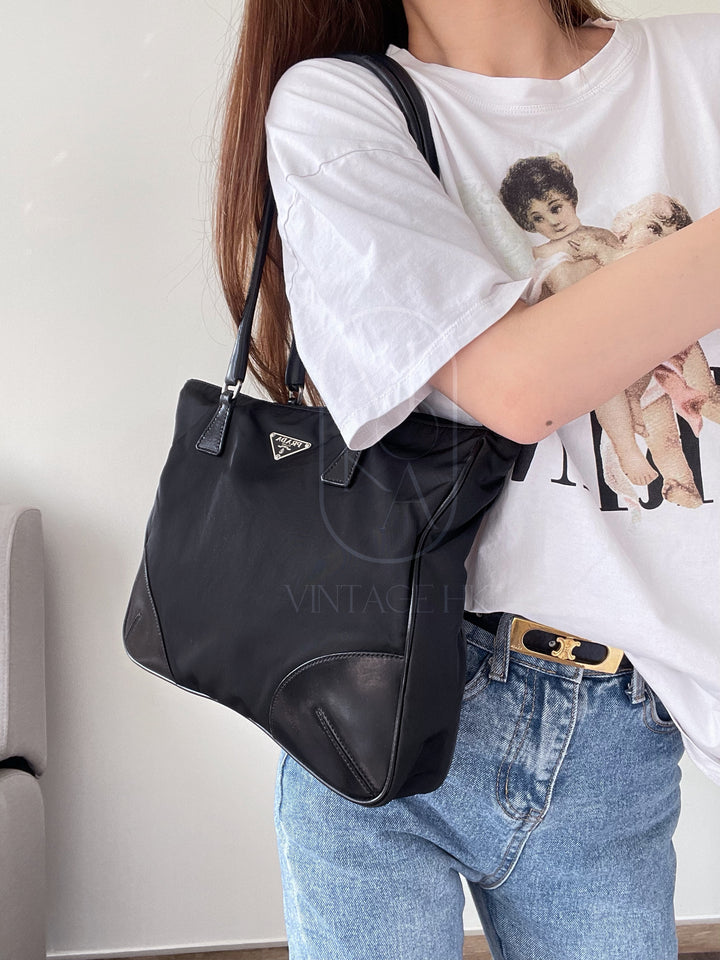 Prada vintage nylon and leather tote bag