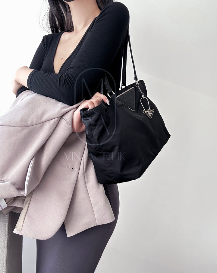 Prada nylon tote bag with keychain