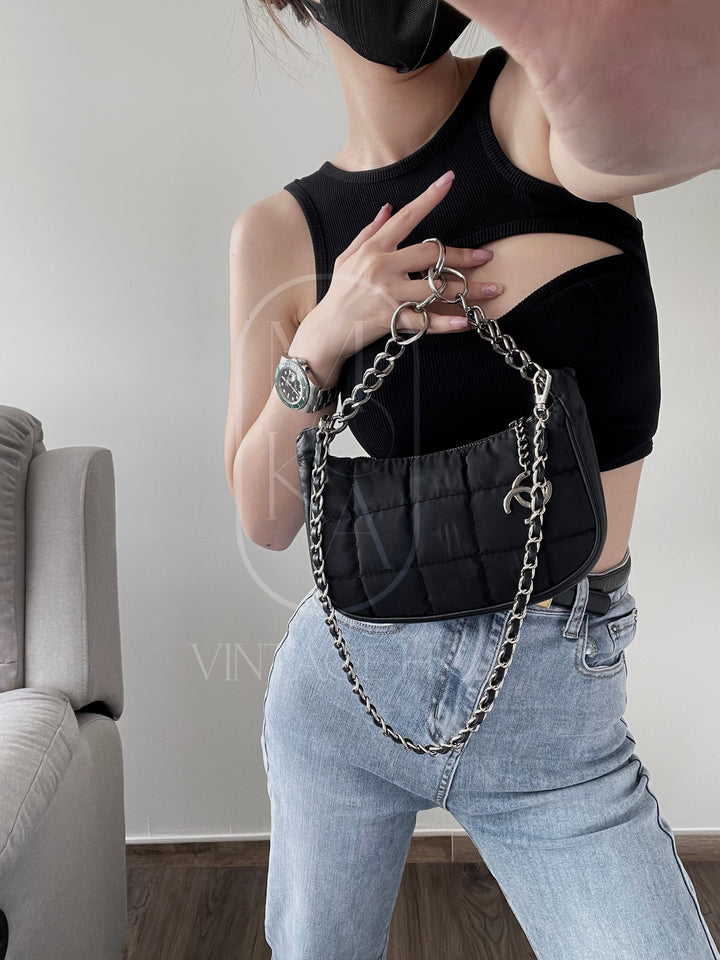 Chanel black chocolate bar nylon pochette