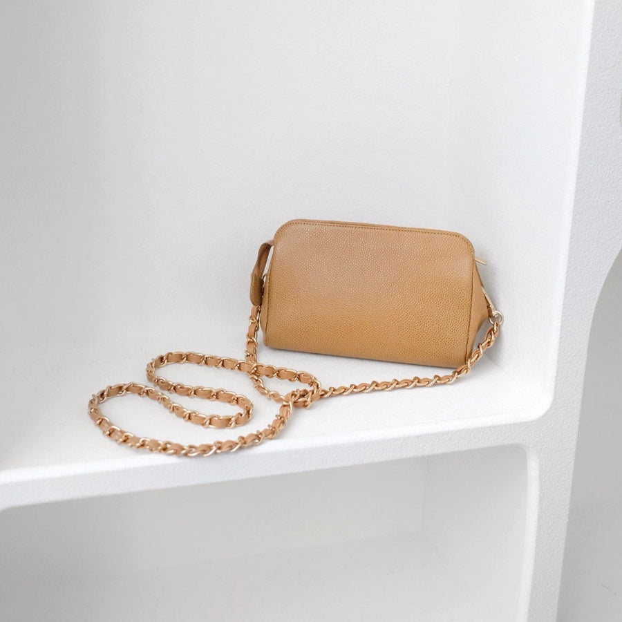 Chanel vintage beige quilted cowhide pouch +chain