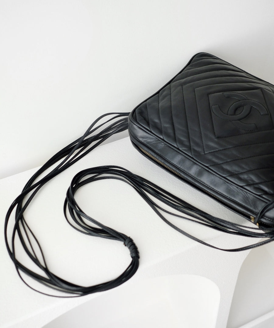 Chanel black quilted lambskin crossbody bag with tassel