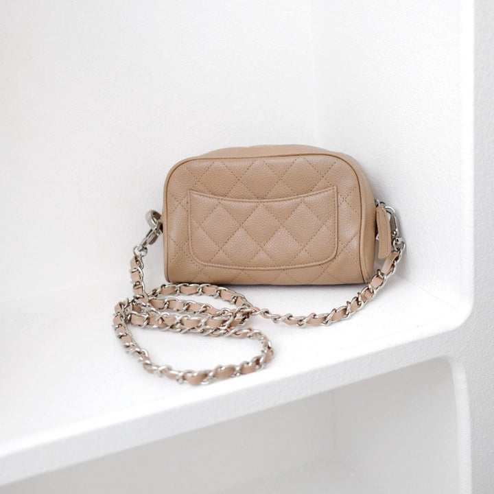 Chanel vintage beige quilted cowhide pouch +chain
