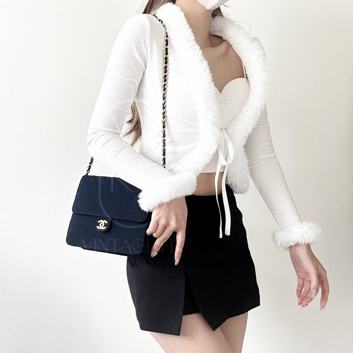 Chanel vintage canvas flap chain bag（navy）