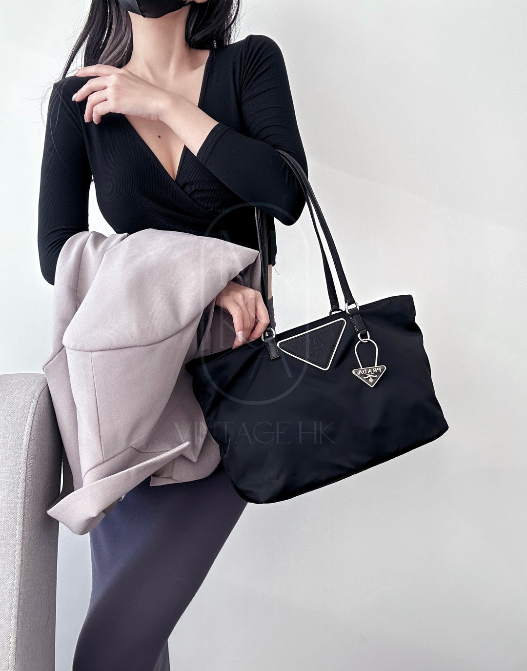 Prada nylon tote bag with keychain