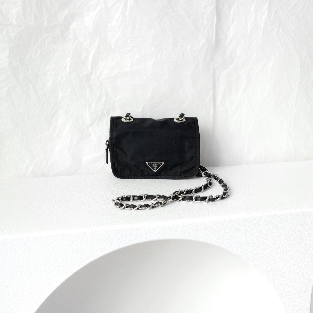 Prada nylon flap clutch+chain