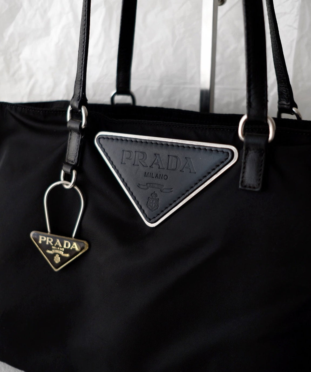 Prada nylon tote bag with keychain