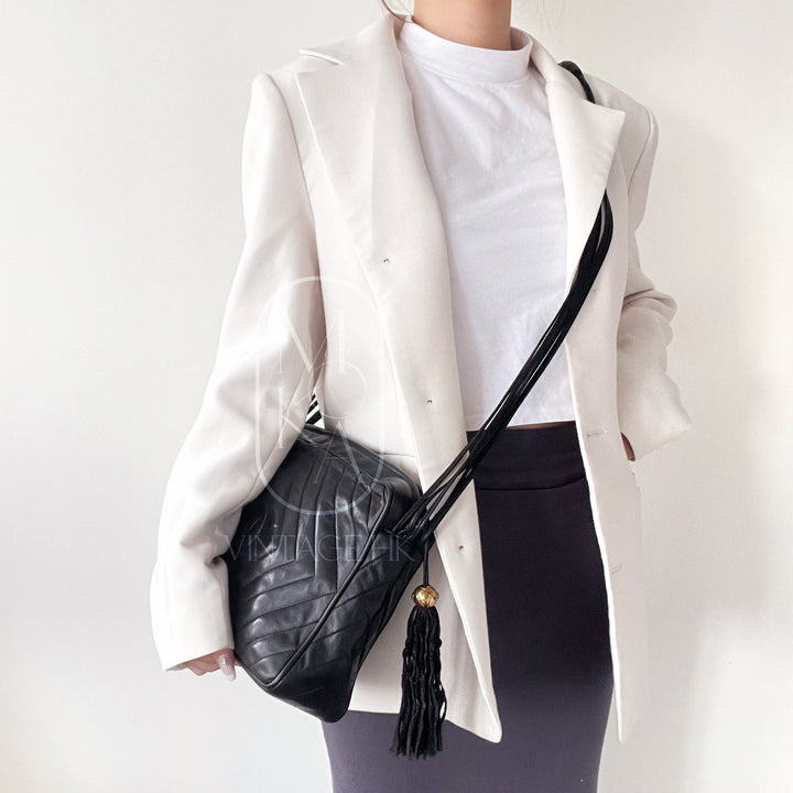 Chanel black quilted lambskin crossbody bag with tassel