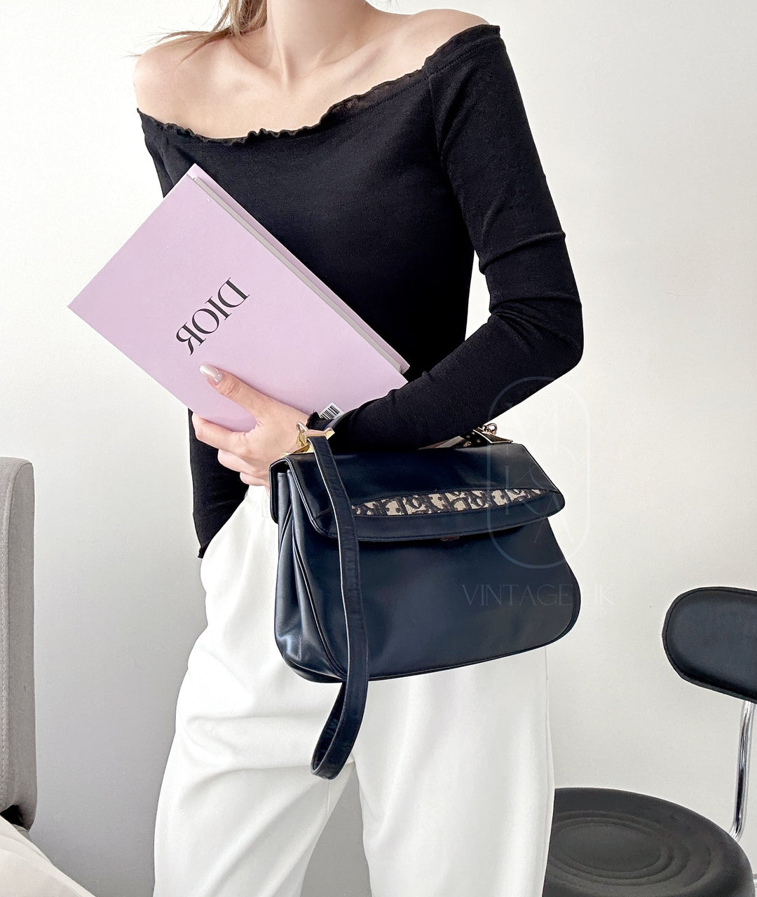 Dior trotteur dark navy cream leather jacquard handbag
