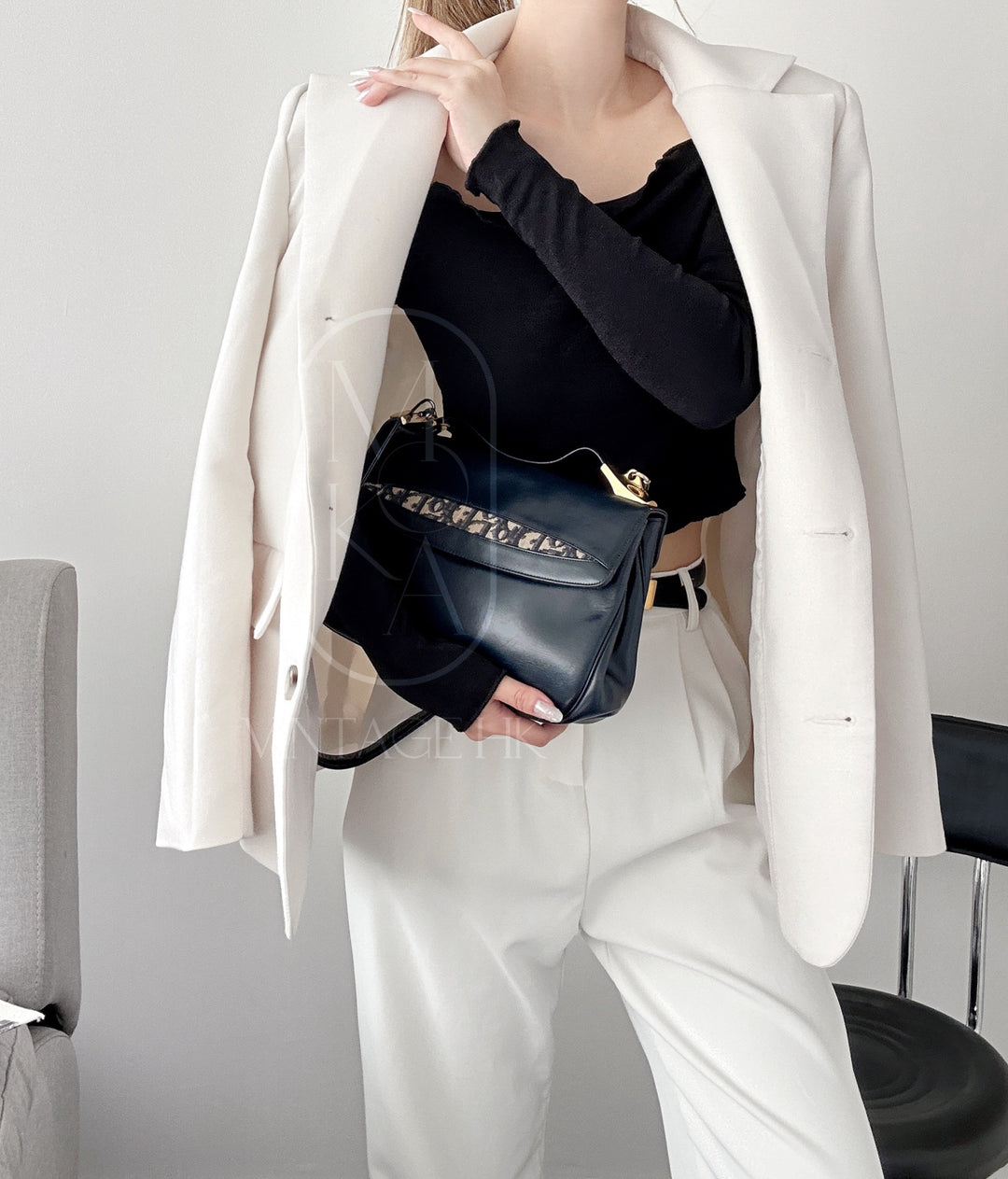 Dior trotteur dark navy cream leather jacquard handbag