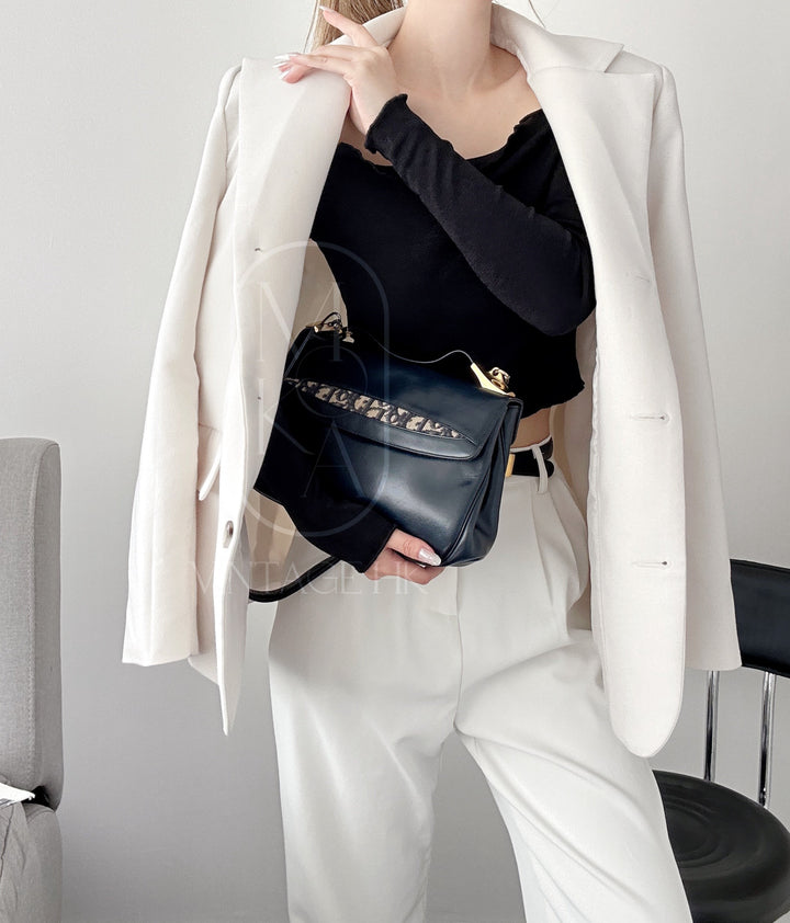 Dior trotteur dark navy cream leather jacquard handbag