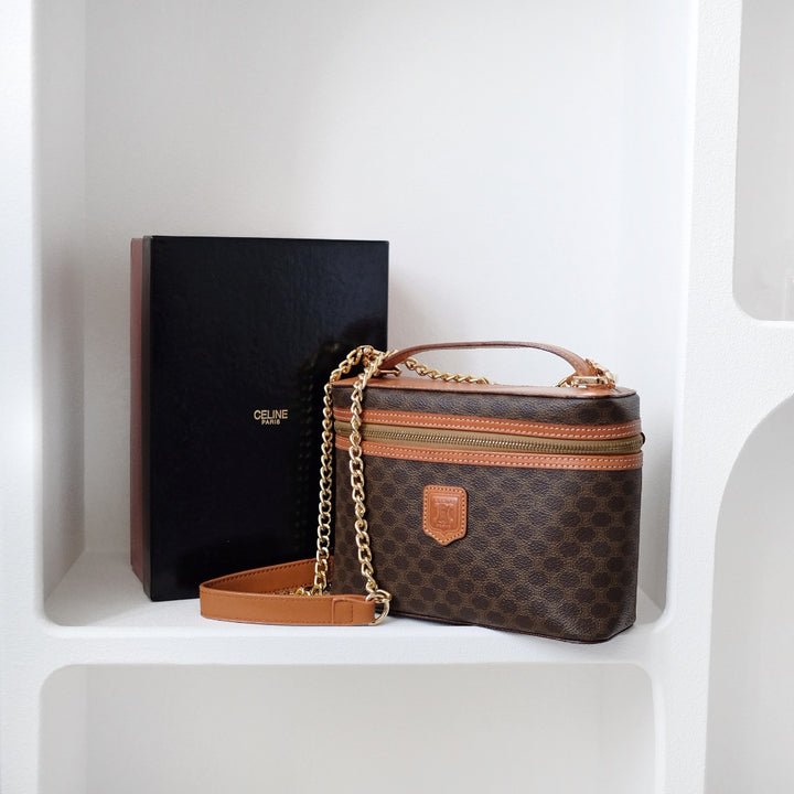 Celine macadam vanity brown coated canvas fabric cosmetic bag