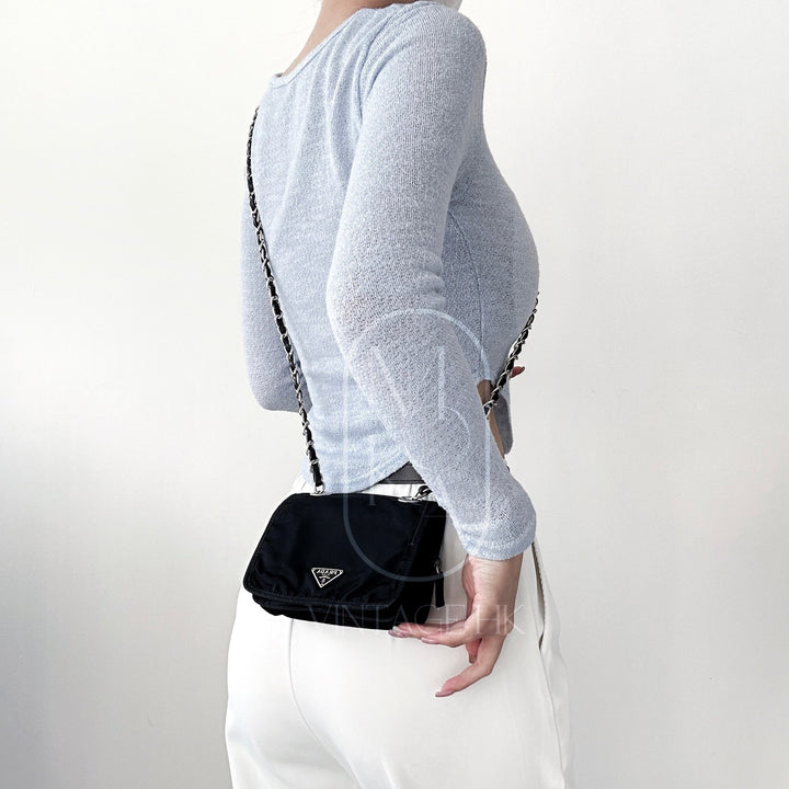 Prada nylon flap clutch+chain