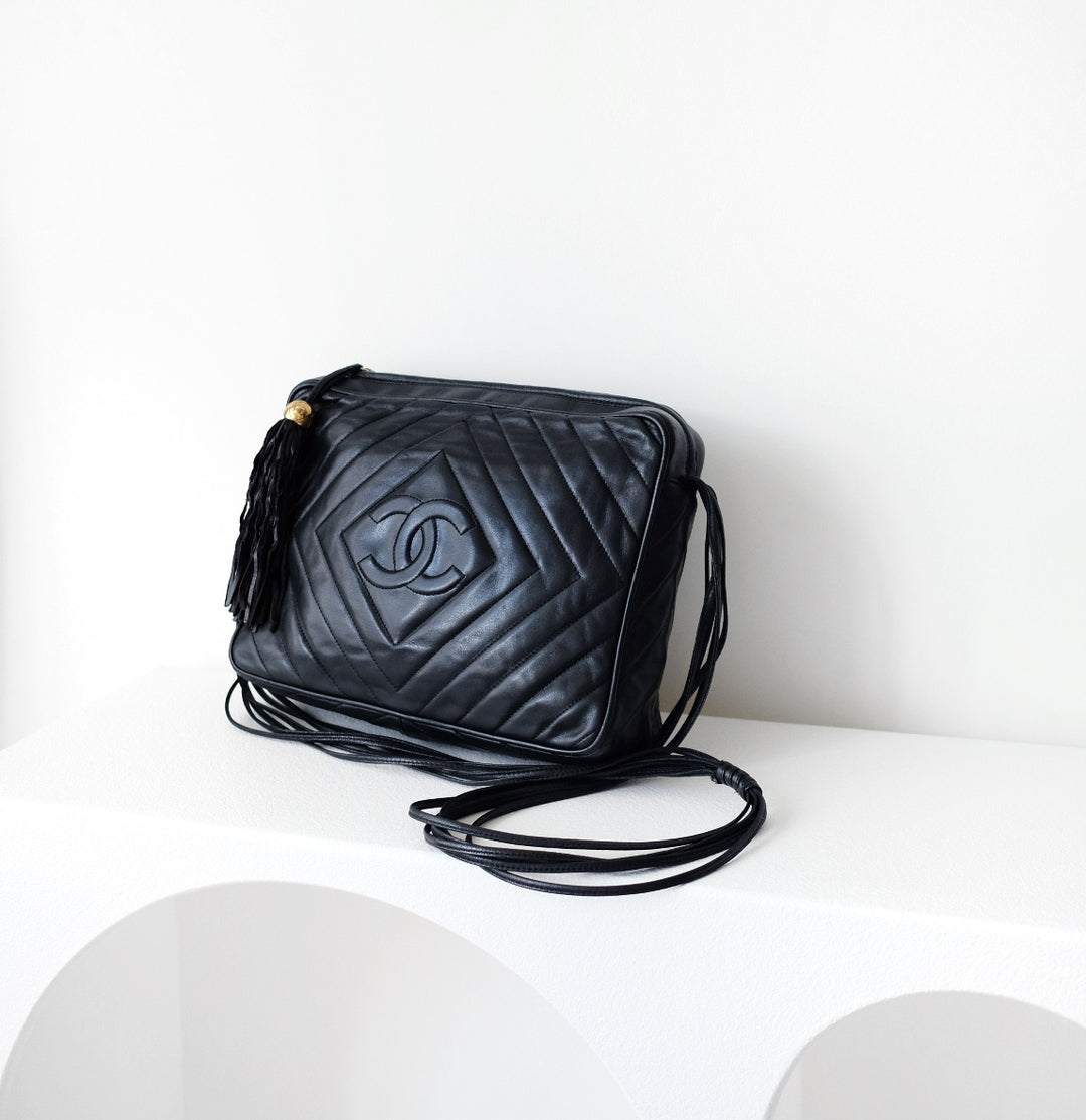 Chanel black quilted lambskin crossbody bag with tassel