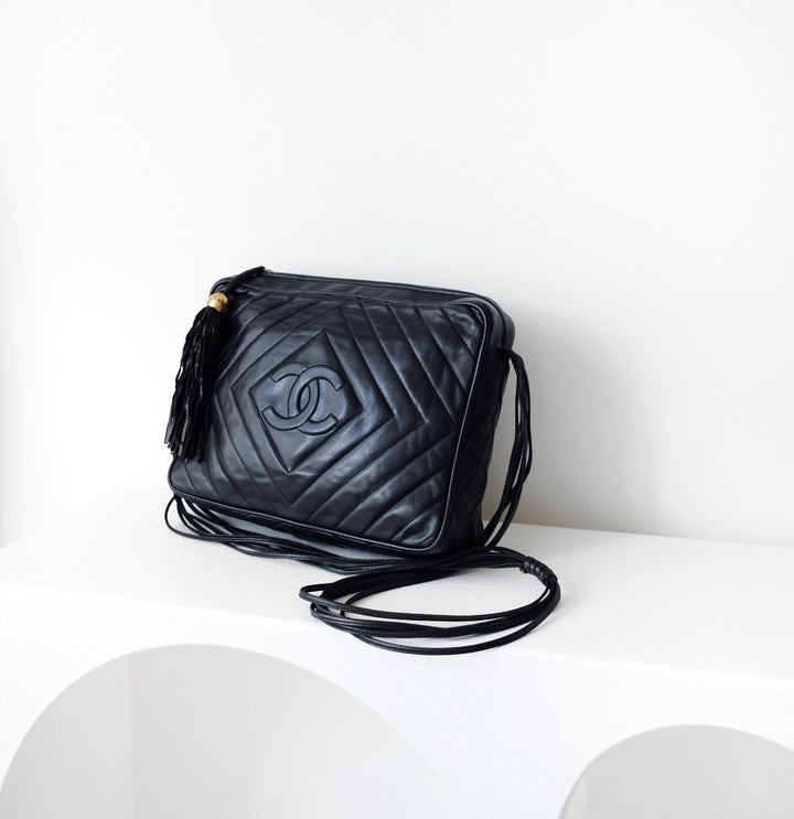Chanel black quilted lambskin crossbody bag with tassel