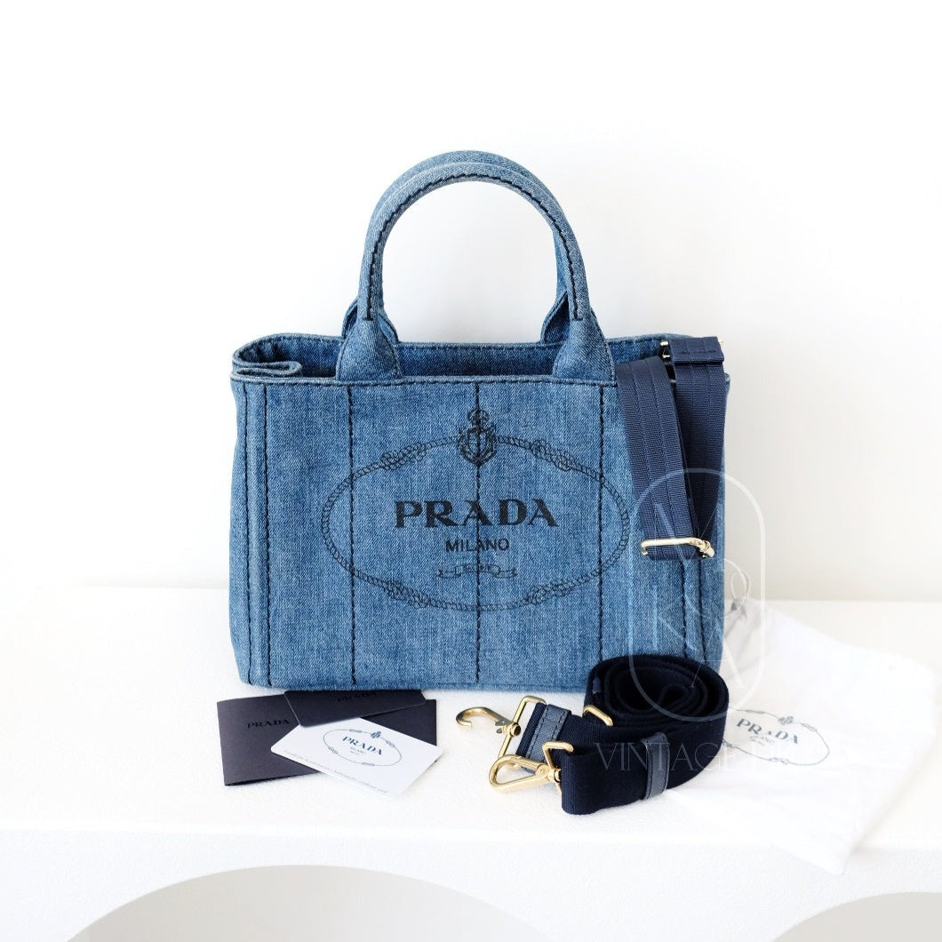 Prada canapa 2way denim shoulder hand bag