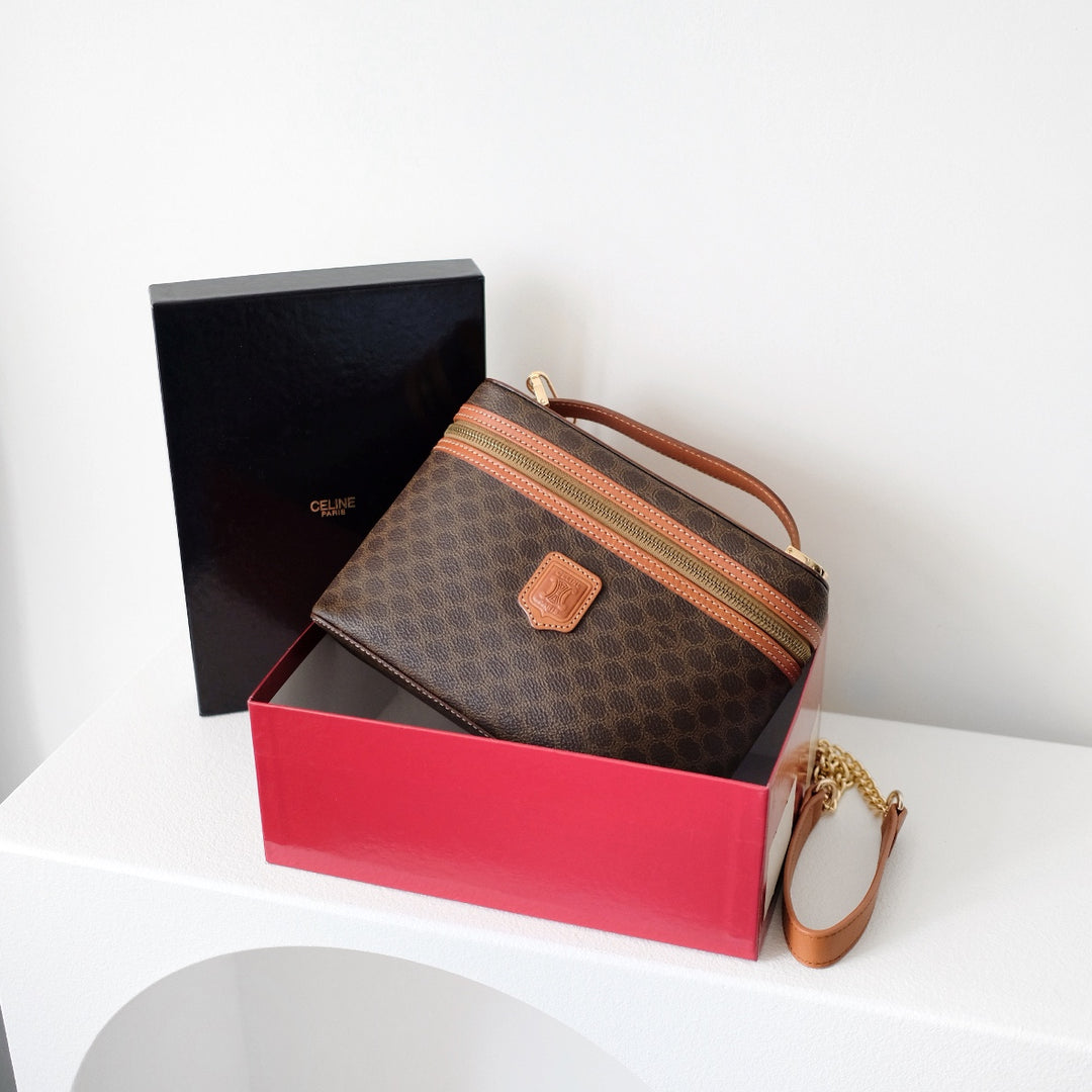 Celine macadam vanity brown coated canvas fabric cosmetic bag